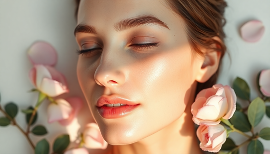 Close-up of a woman with radiant skin surrounded by roses, embodying beauty and youthful glow.